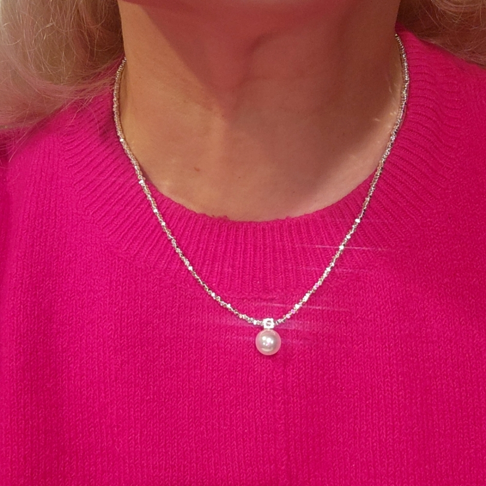 925 Sterling Silver . Broken Silvery Pearl Necklace , Stylish Design